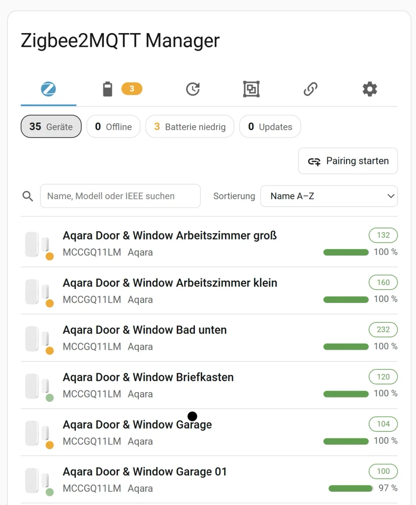 Zigbee2MQTT Manager Karte mit Geräteliste in Home Assistant
